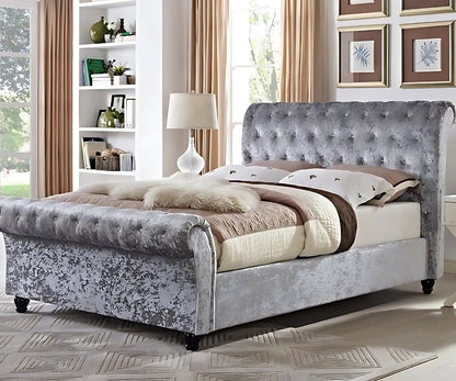 Luxury Silver Crushed Velvet Sleigh Bed | Deep Button Tufted | King Size