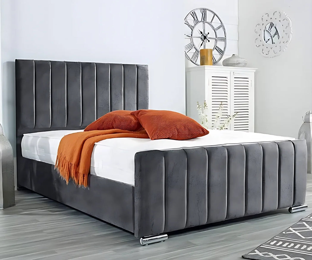 Luxury Slate Grey Velvet Bed | Vertical Fluted Headboard | Modern Design