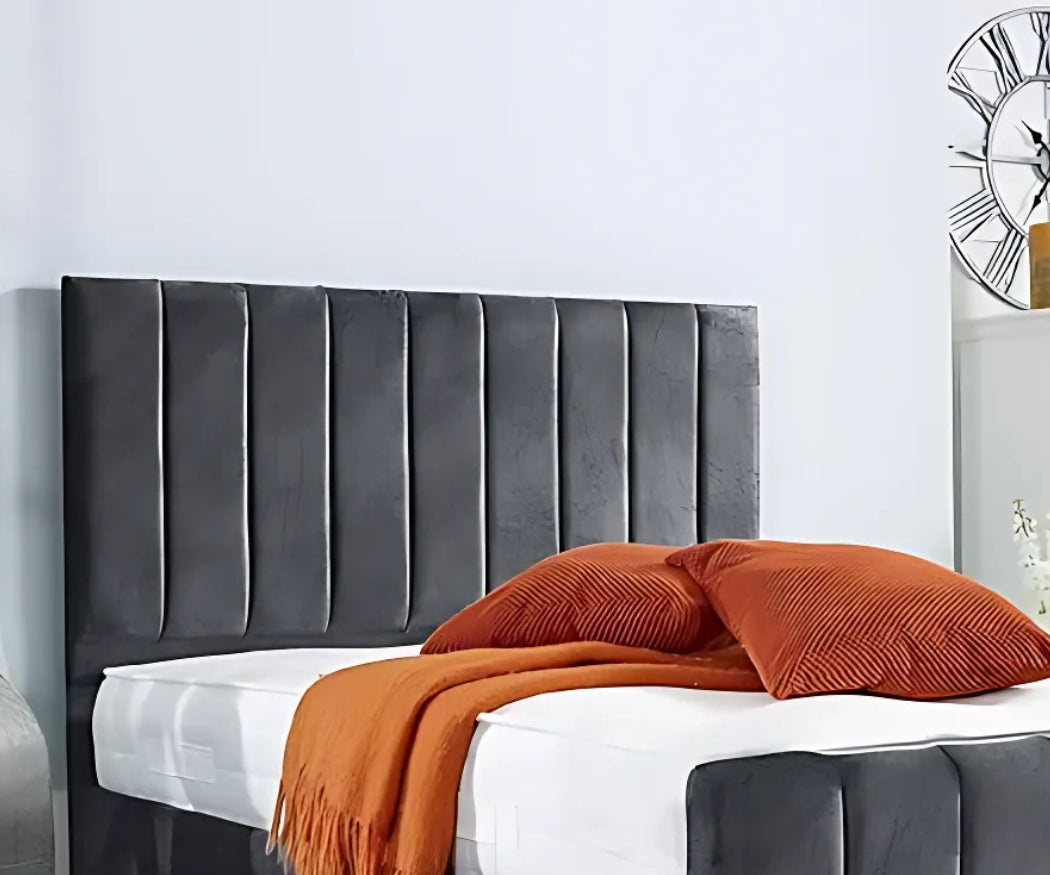 Luxury Slate Grey Velvet Bed | Vertical Fluted Headboard | Modern Design
