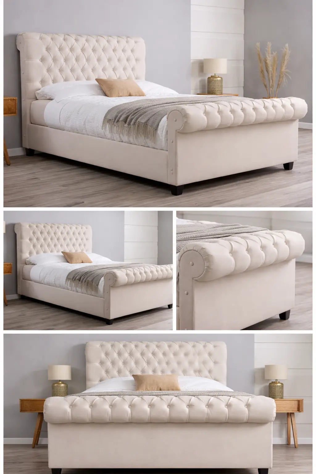 Luxury Cream Sleigh Bed – Upholstered Tufted Headboard | Elegant & Comfortable