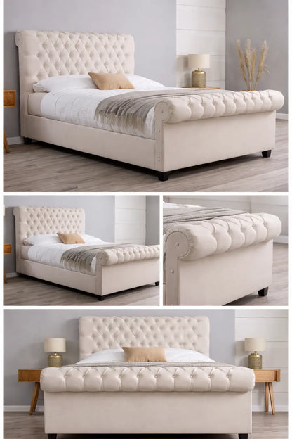 Luxury Cream Sleigh Bed – Upholstered Tufted Headboard | Elegant & Comfortable