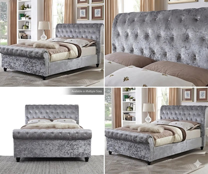 Luxury Silver Crushed Velvet Sleigh Bed | Deep Button Tufted | King Size