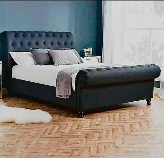 Black Crushed Velvet Chesterfield Bed | Button-Tufted | Sleigh Design