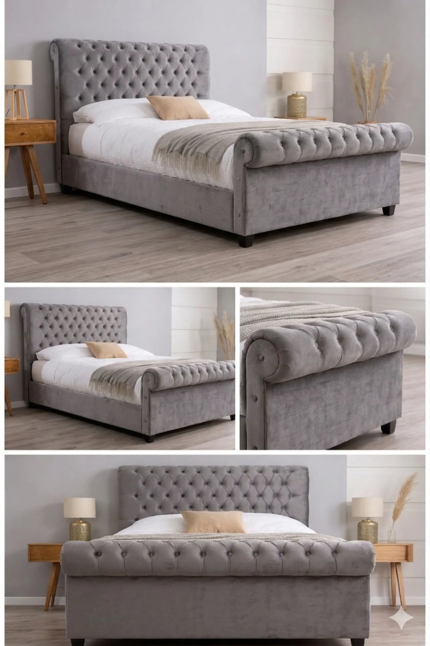 Gray upholstered bed with tufted headboard in a bedroom setting