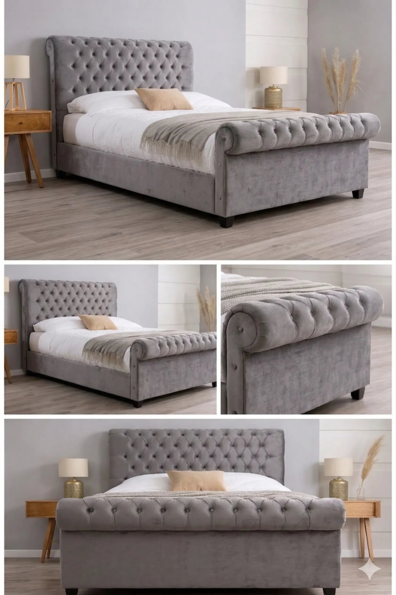 Gray upholstered bed with tufted headboard in a bedroom setting