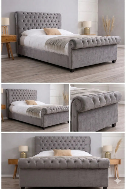 Gray upholstered bed with tufted headboard in a bedroom setting